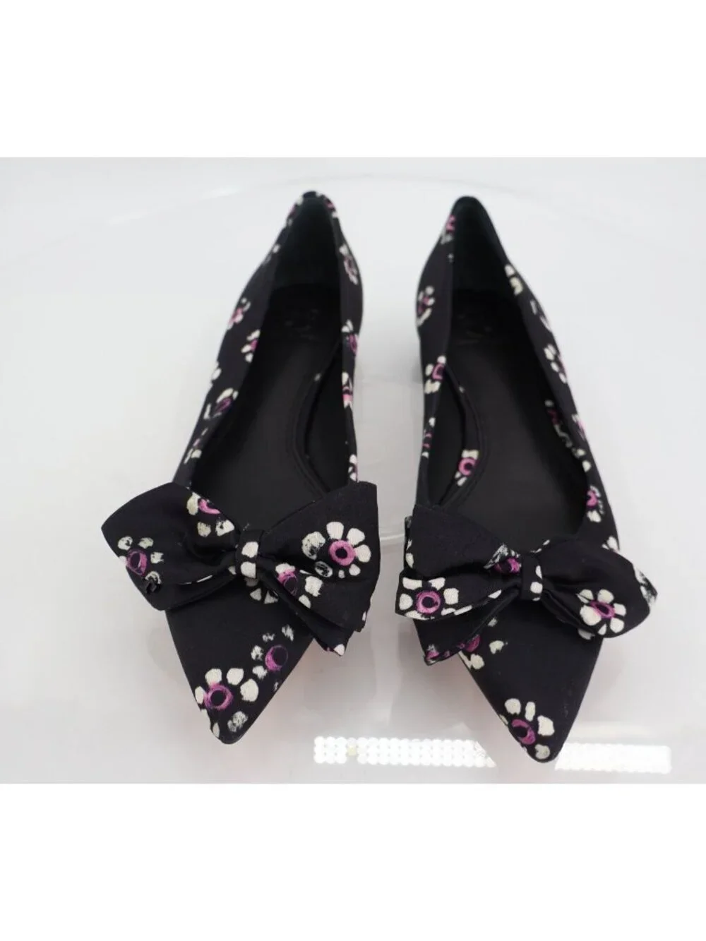 Tory Burch Rosalind Ballet Flats Women's Size 5 Black Floral Satin Bow Pointed